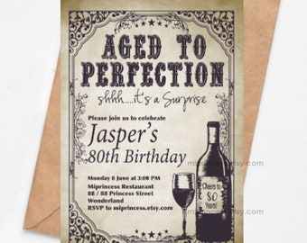 wine invitation, Aged to perfection, men birthday party invitation, vintage theme   any age, card 203