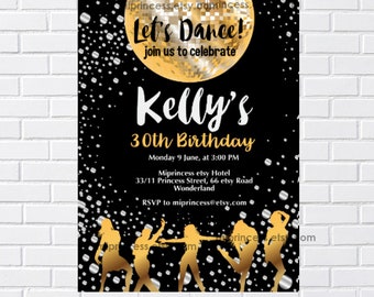 disco invitation,  70s dance party , adult birthday party black and gold invitation for any age  , 942