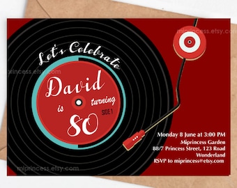 Vintage Vinyl Record Birthday Invitation: Rustic Adult Party 1542 (Digital File)