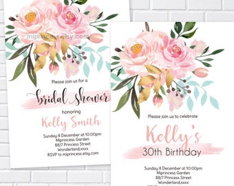 pink floral invitation, women Birthday party, bridal shower, baby shower, sweet pink spring floral, 1457