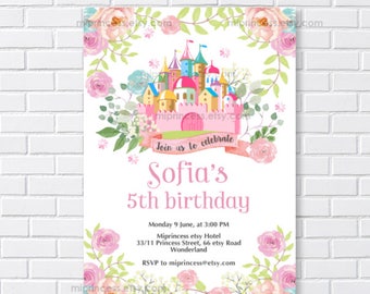 Princess Castle invitation, girl birthday party, fairy tale,  Invitation  for any age 1st 2nd 3rd 4th 5th 6th 7th 8th,   card 1288