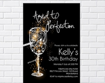 Aged to perfection women birthday invitation wine theme invitation glitter elegant adult party  for any age 30th 40th 50th 80th, card 1112