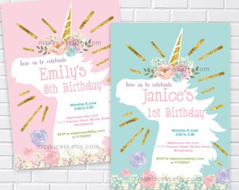 unicorn invitation, girl birthday invite, magical unicorn invitation , girl party garden party fantasy Unicorn  , card 1295