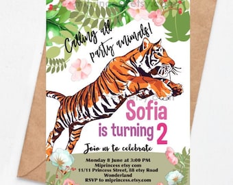 Tiger invitation, girl birthday, party animal, jungle tiger Zoo Party invite for girl any age 1st 2nd 3rd 4th 5th 6th 7th 8th 9th card 1615