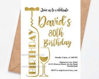 Wine invitation , adult birthday invite, glitter gold invitation surprise party , birthday for any age  - card 1348