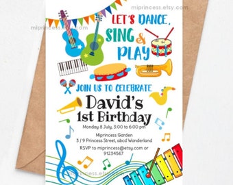 kids music birthday invitation, piano drum guitar invite, musical instruments for boy birthday party any age 1st 2nd 3rd 4th 5th, 1380