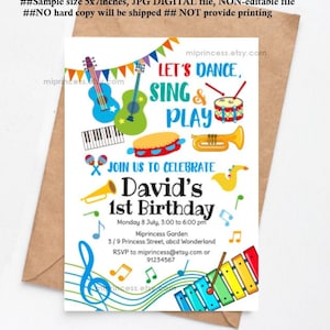 kids music birthday invitation, piano drum guitar invite, musical instruments for boy birthday party any age 1st 2nd 3rd 4th 5th, 1380 image 1