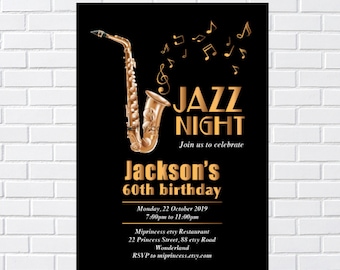 Jazz music party, adult birthday invitation jazz night saxophone invitation adult birthday invitation jazz music birthday party,  card 678