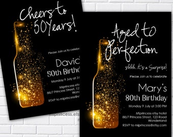 wine invitation adult birthday party aged to perfection cheers glitter wine elegant invite for any age 30th 40th 50th 60th,  1345