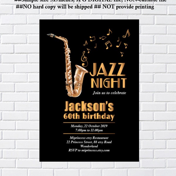 Jazz music party, adult birthday invitation jazz night saxophone invitation adult birthday invitation jazz music birthday party,  card 678