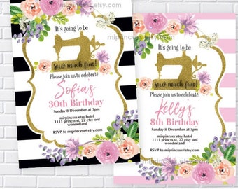 sewing party invitation, women Birthday invitation girl birthday party , Sewing Machine sew fun craft party invite, - card 1239