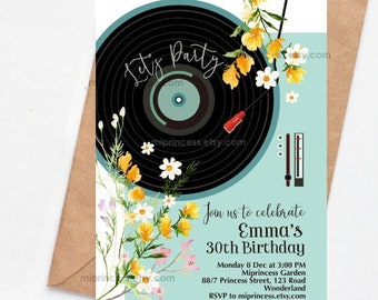 Floral Vinyl Record Birthday Invitation: Rustic Oldies Party 1673 (Digital File)