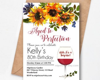 Aged to perfection wine invitation, sunflower invite, women birthday party , 1621 (digital file)