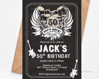 Music invitation, rock and roll, men birthday party chalkboard invite music party rock music   for any age 30th 40th 50th 80th , 894