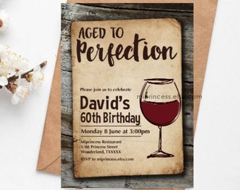 Wine invitation Aged to Perfection men birthday women birthday   rustic country vintage  for any age   50th 60th 70th 80th card 318