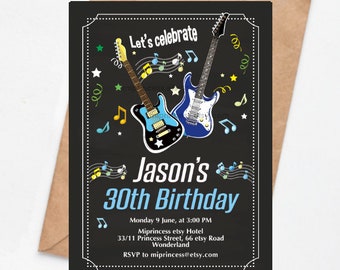 Music party Guitar invitation, boy birthday party , rock music party, any age 1st, 2nd, 3rd, 6th 7th 8th 9th 10th  30th 40th 50th   card 692