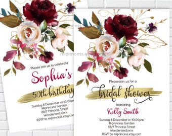 burgundy flowers, women birthday invitation, bridal shower,  baby shower, retirement or housewarming any party  1455