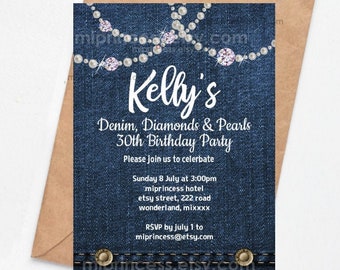 Denim diamond invitation, women birthday party, bridal shower  , denim diamond and pearl  for any age 30th 40th 45th 50th 60th  1655