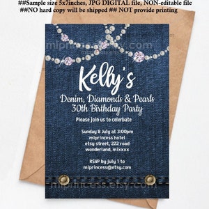 Denim diamond invitation, women birthday party, bridal shower , denim diamond and pearl for any age 30th 40th 45th 50th 60th 1655 image 1