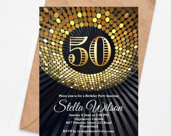 Disco party invite, adult birthday invitation, glitter disco 70s style disco dance invitation any age 30th 40th 50th 80th 90th , card 354