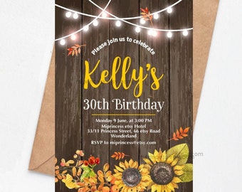 sunflower invitation, women birthday invite, fall autumn party, rustic them any age 18th 40th 30th 80th 50th , card 1179