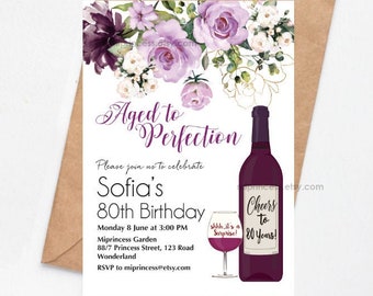 wine invitation women birthday party Aged to perfection floral  red wine adult birthday invite any age 30th 50th 45th 60th 80th 90 , 1626