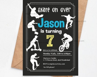 Skateboard party invitation, boy birthday invitation, scooter bike skate invite for any age  5th 6th 7th 8th 9th 10th 11th,  413