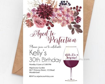 wine party Aged to perfection woman birthday invitation    1632  (Digital File)