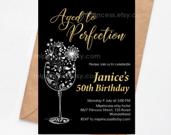 aged to perfection, wine invitation, adult birthday, women birthday party elegant invitation floral wine theme  - card 1339