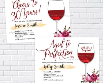 wine invitation, women birthday party, aged to perfection  floral red wine design, elegant invite , 1474