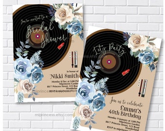 Vinyl Record invitation, women birthday party, floral Oldies Rustic , Birthday Invitation , bridal shower , baby shower, card 1672