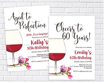 wine invitation, women invitation, aged to perfection, cheers birthday red wine , any age 30th 40th 50th 70th 80th 60th, 1341