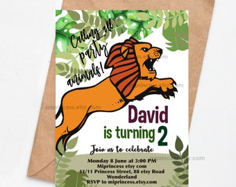 Lion invitation, boy birthday party, animal jungle tiger, Zoo Birthday ,Zoo Party,   card 1652