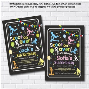 scooter invitation, girl party,  boy birthday party skateboard  invitation kids party skater party skateboarding party, card 952
