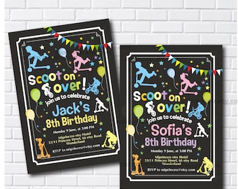 scooter invitation, girl party,  boy birthday party skateboard  invitation kids party skater party skateboarding party, card 952