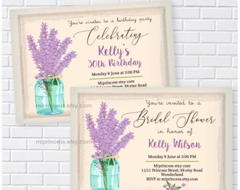 lavender Invitation, women birthday invite, bridal shower, baby shower, retirement party, lavender flowers lavender printable  card 178