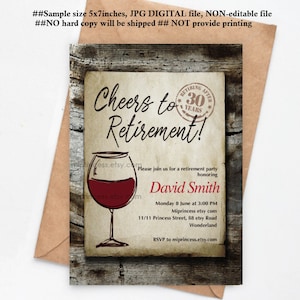 Retirement Invitation adult party Cheers to Retirement retiring Invitation wine Retired  red wine digital,  card 1584