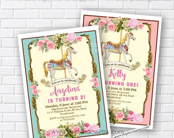 carousel invitation girl birthday party  merry go round party vintage carnival invite for any age 1st 2nd 3rd 4th 5th 6th, card 847