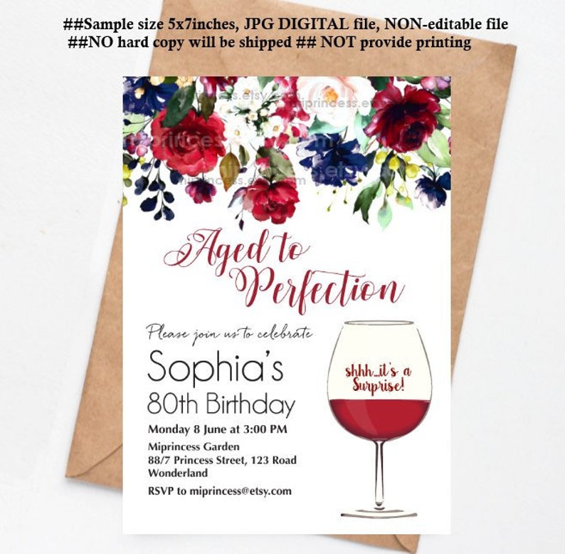 wine birthday invitation Aged to perfection floral theme red wine adult birthday invite any age 30th 50th 45th 60th 80th 90 40th, 1544 image 1