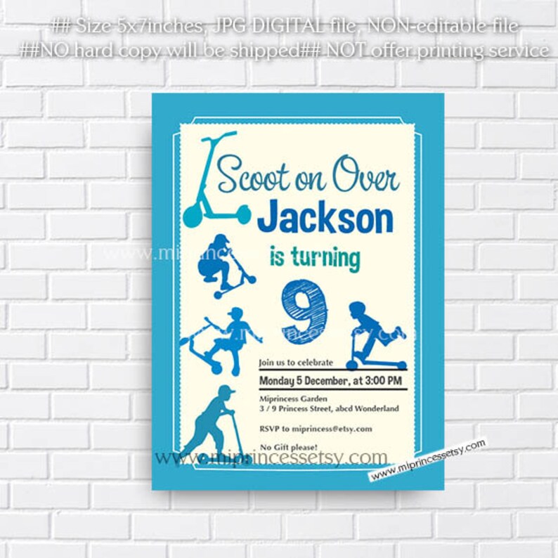 Scooter invitation, girl birthday invite, boy birthday party skateboard biker invite for any age , 413 image 3