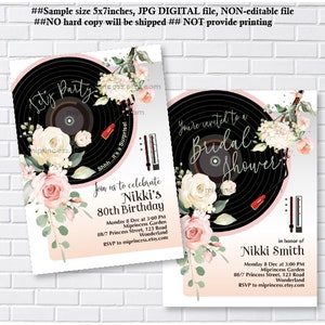 Vinyl Record invitation women birthday party floral Oldies Rustic Birthday Invitation , bridal shower , baby shower, card 1671