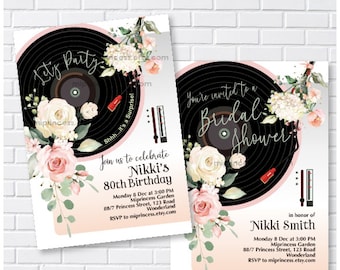 Vinyl Record invitation women birthday party floral Oldies Rustic Birthday Invitation , bridal shower , baby shower, card 1671