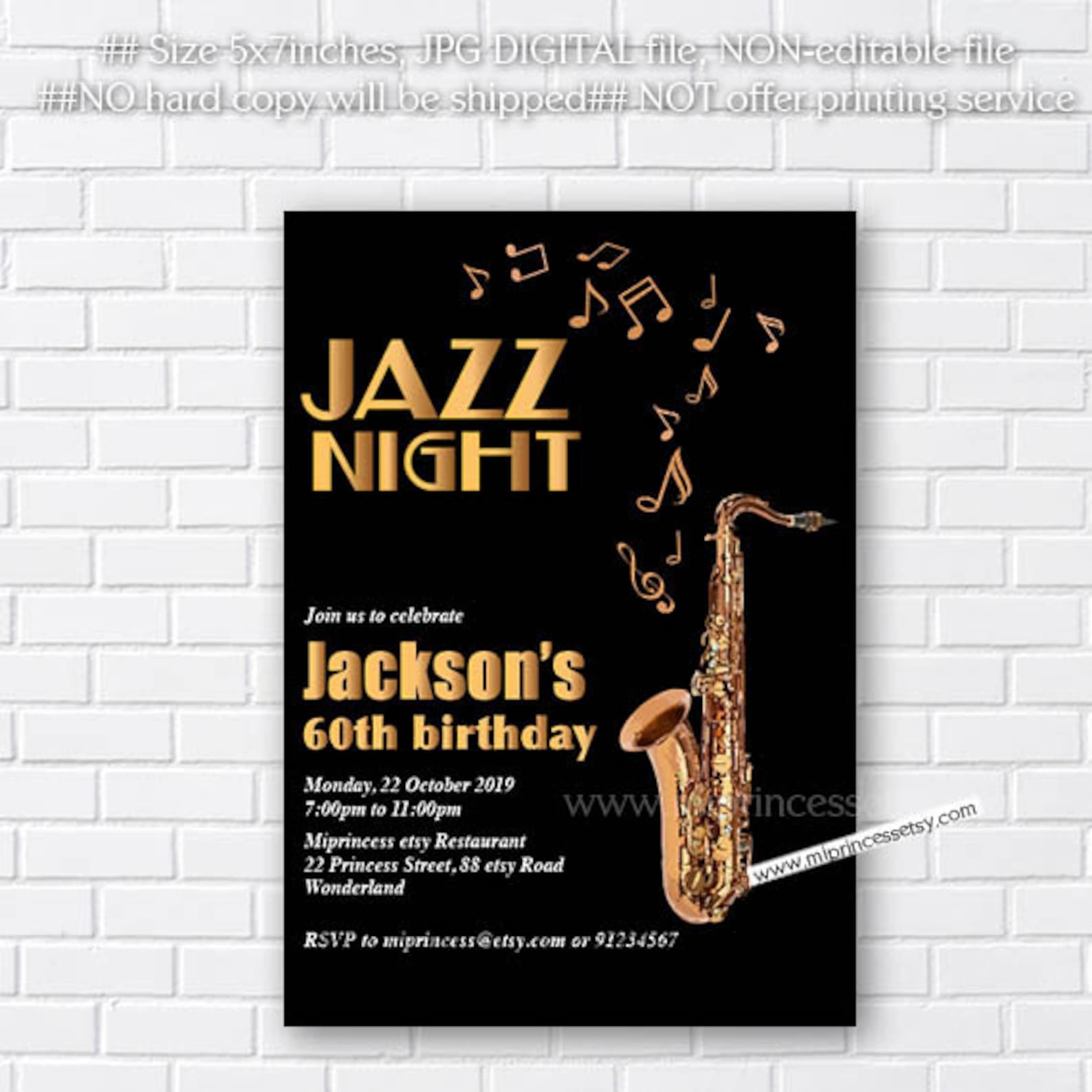 Jazz Party Invite Adult Birthday Invitation Saxophone Etsy