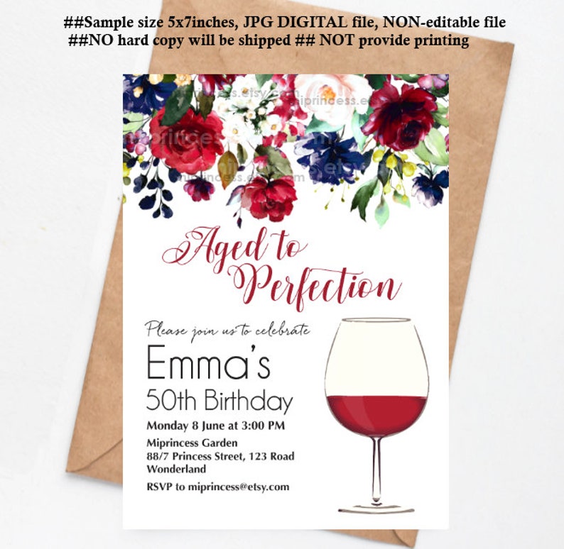 wine birthday invitation Aged to perfection floral theme red wine adult birthday invite any age 30th 50th 45th 60th 80th 90 40th, 1544 image 2