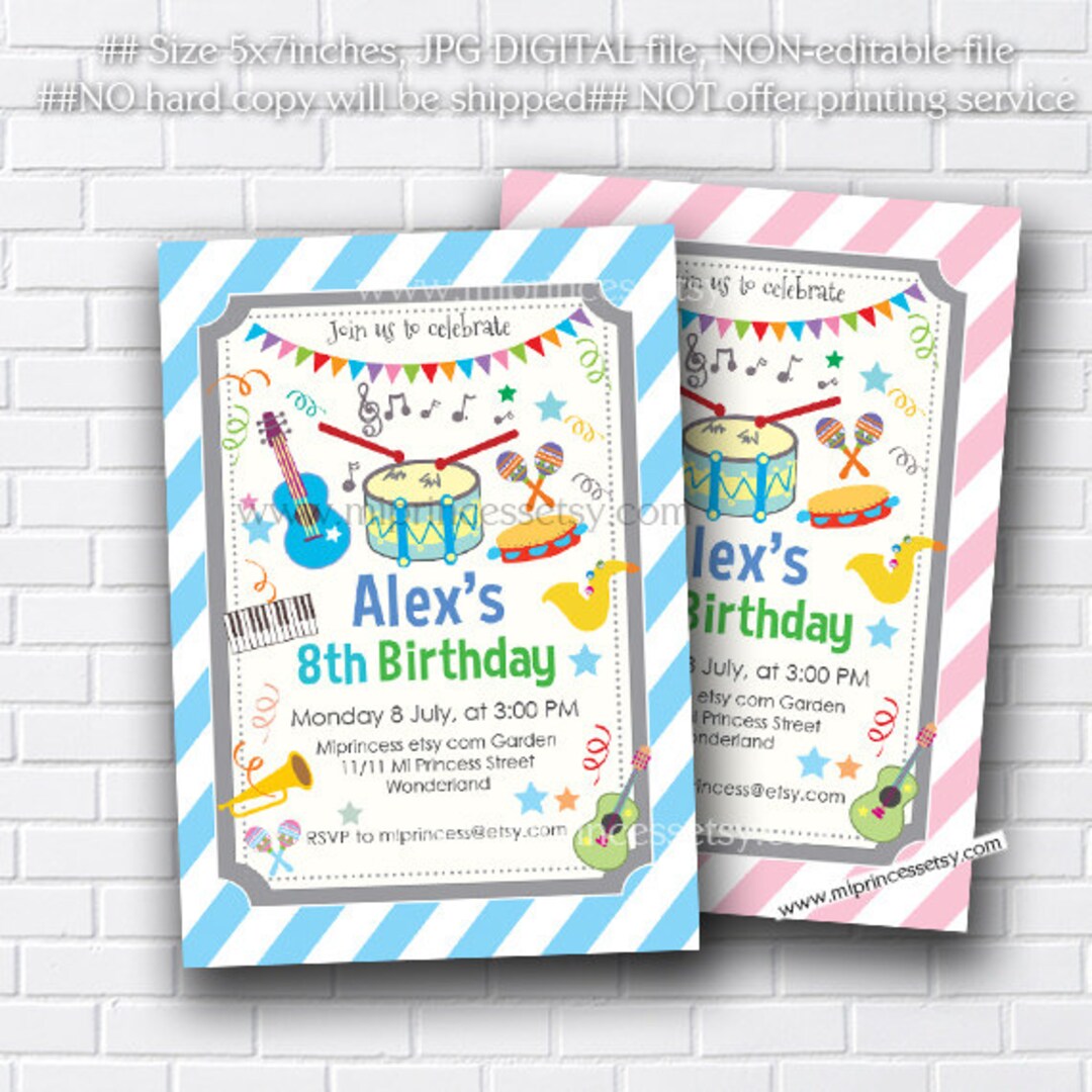 Kids Music Birthday Invitation, Piano Drum Invite, Guitar Party, Kids Musical Instruments Party