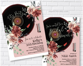 Floral Vinyl Record Birthday Invitation: Rustic Oldies Party 1669 (Digital File)
