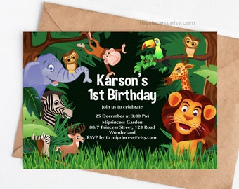 Safari Animal invitation boy birthday party inivte, lion elephant giraffe party animals, card 363