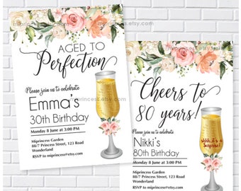 wine invitation,  women birthday party invite, Aged to perfection, floral champagne invite any age 30th 50th 45th 60th 80th 90 40th, 1609