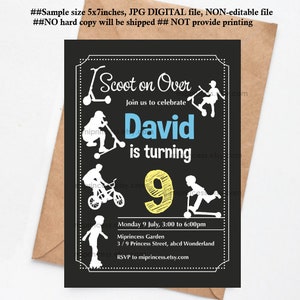Scooter invitation, boy birthday party, bike ,Roller,skateboard invite for any age  5th 6th 7th 8th 9th 10th 11th,  413