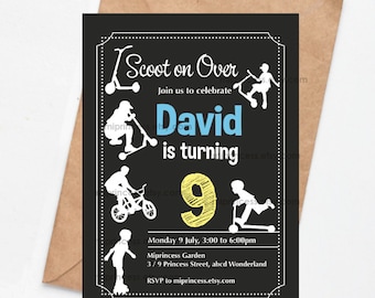 Scooter invitation, boy birthday party, bike ,Roller,skateboard invite for any age  5th 6th 7th 8th 9th 10th 11th,  413